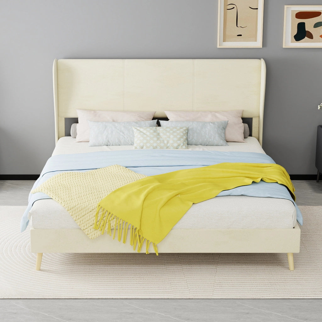 DESMIU Letto matrimoniale 160 × 200 cm 2 posti con testiera, senza materasso, in tessuto e metallo, beige