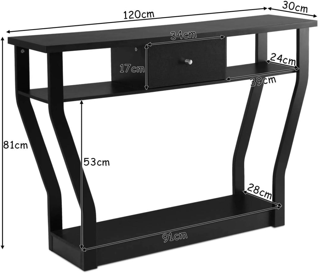 Tavolo Consolle, a 3 Ripiani, Stretto e Compatto, Cassetto con Manico, Console per Soggiorno, Salotto, Ingresso, Portata di 60 kg, 120x30x81cm, 3 Colori (Nero)