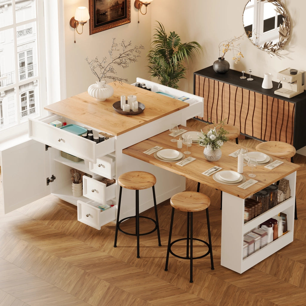 Isola Cucina Allungabile con Cassetti e Ruote ¨C MINIMAL ¨C Bianco, Piano Effetto Legno, 120-184 cm