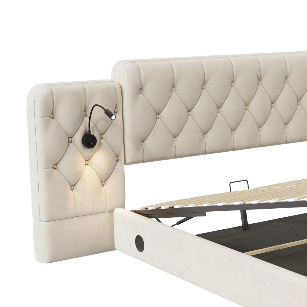 OKWISH Letto Contenitore 180×200 cm, Letto Matrimoniale con 4 Porte USB, Lampade da Lettura e Sollevamento Idraulico, senza Materasso, Velluto, Beige