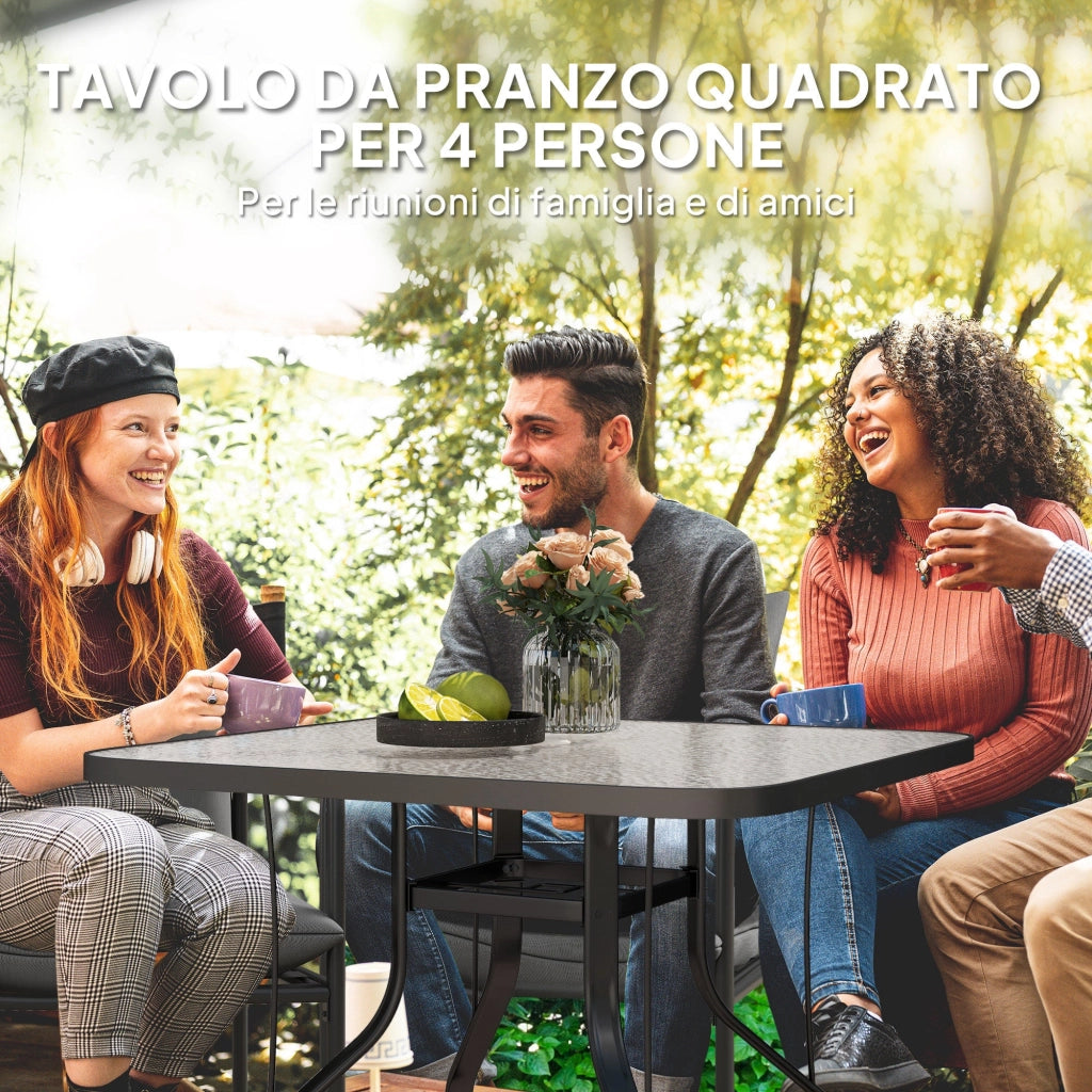 Tavolo da Giardino a 4 Posti 96,5x96,5x70 cm con Piano in Vetro e Foro per Ombrellone Ø54 mm Nero