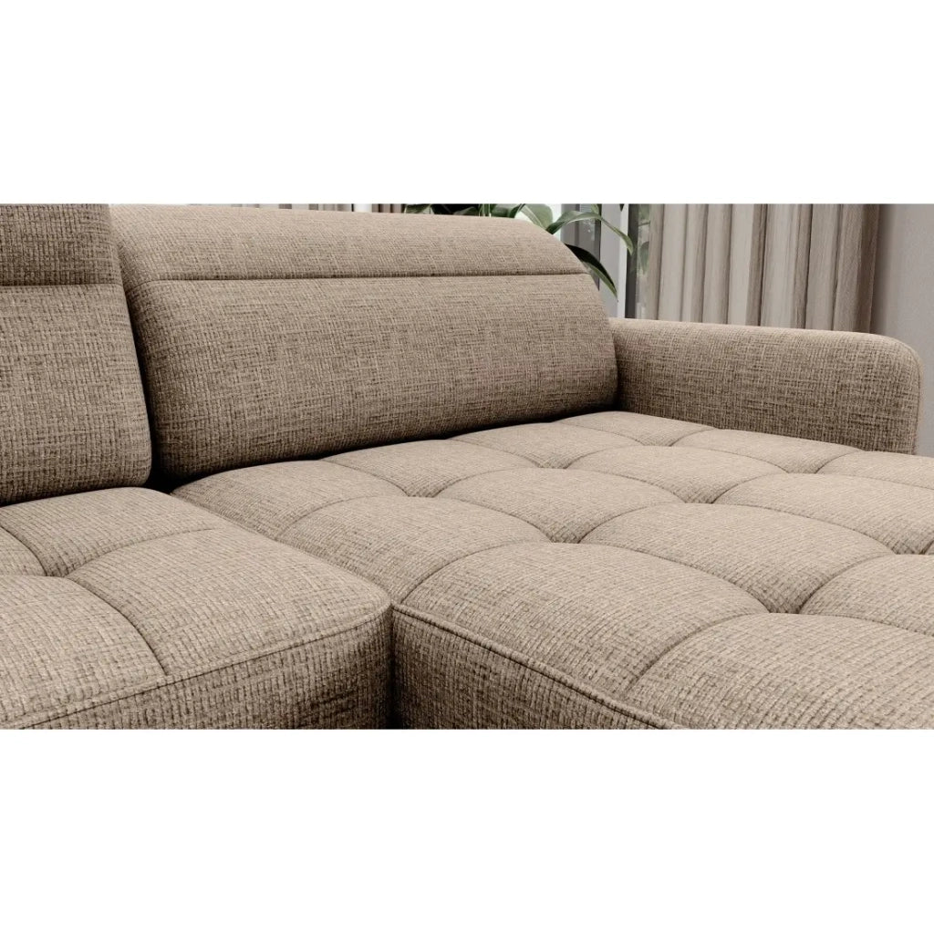 Divano angolare convertibile BERTHO 306 cm beige chiaro effetto melange – Angolo destro con contenitore