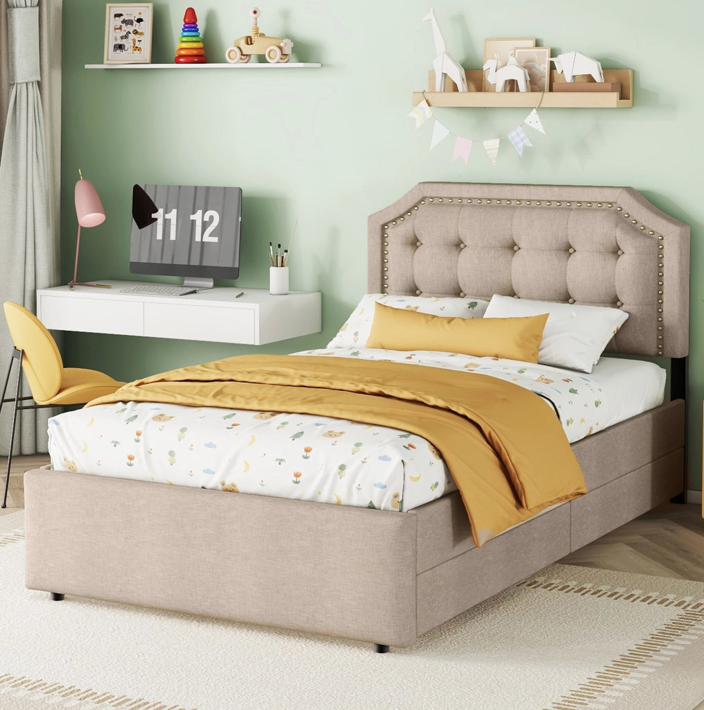 Letto imbottito 90x200 cm con 2 cassetti; testiera regolabile; in MDF e tessuto lino beige scuro