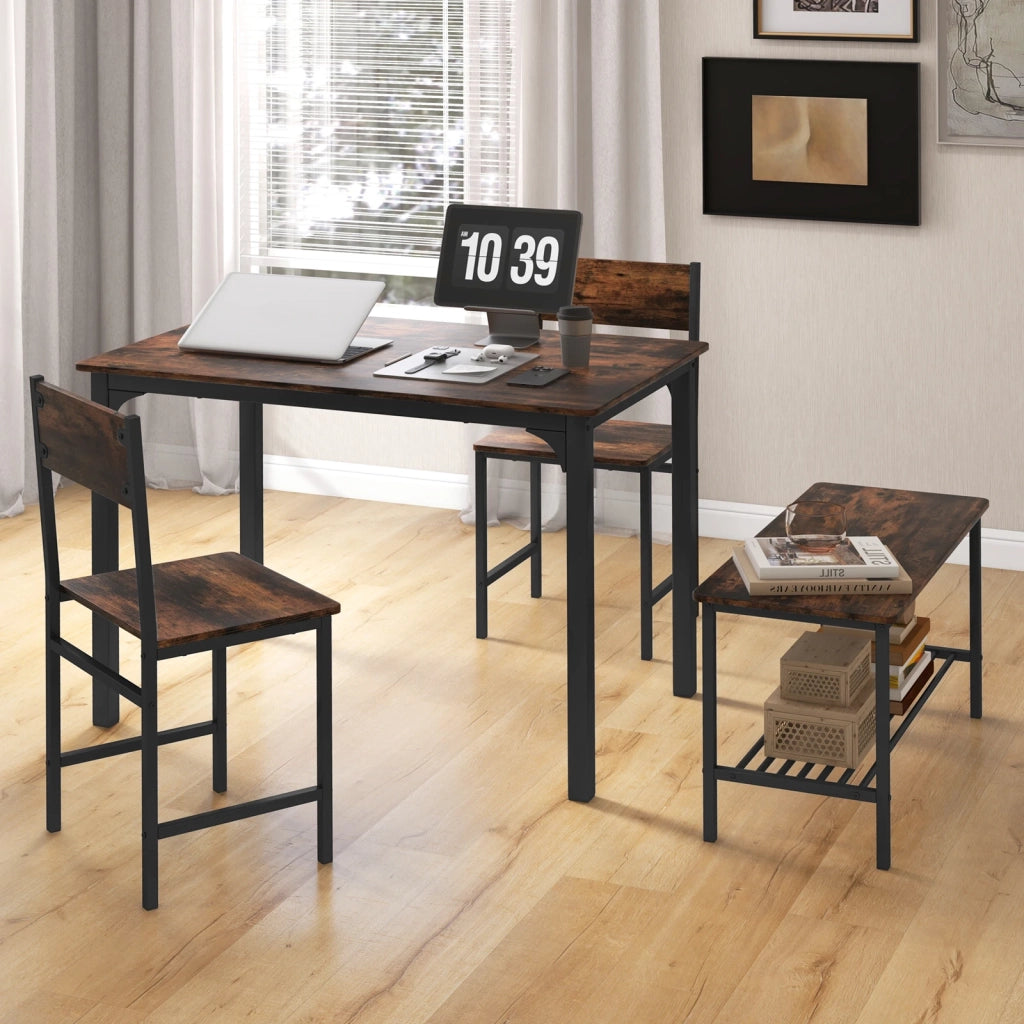 Set da pranzo 4 pezzi con tavolo 2 sedie e panca marrone rustico in MDF e acciaio robusto e salvaspazio per casa e cucina
