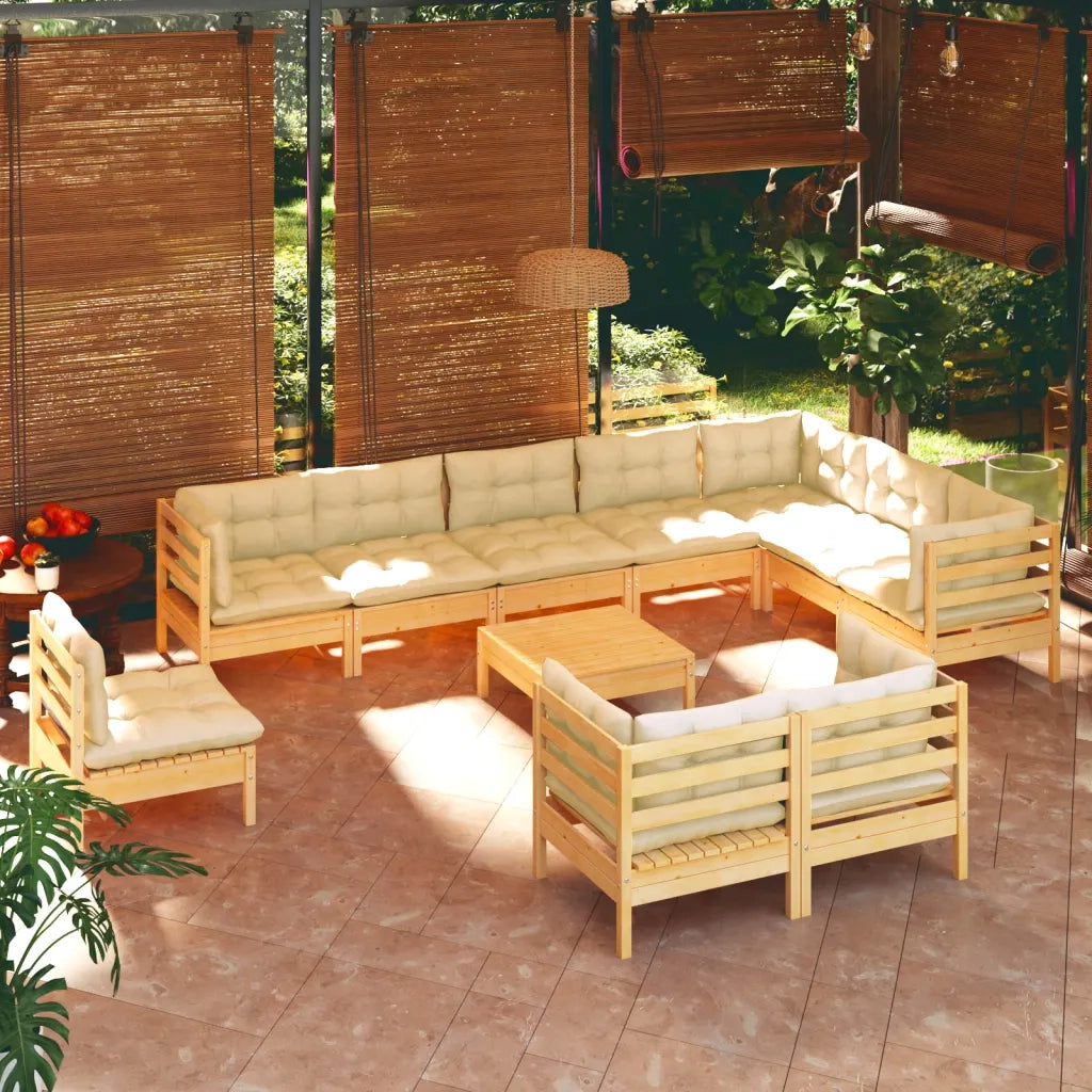 Set Divani da Giardino 11 pz con Cuscini Crema in Massello di Pino 3096785