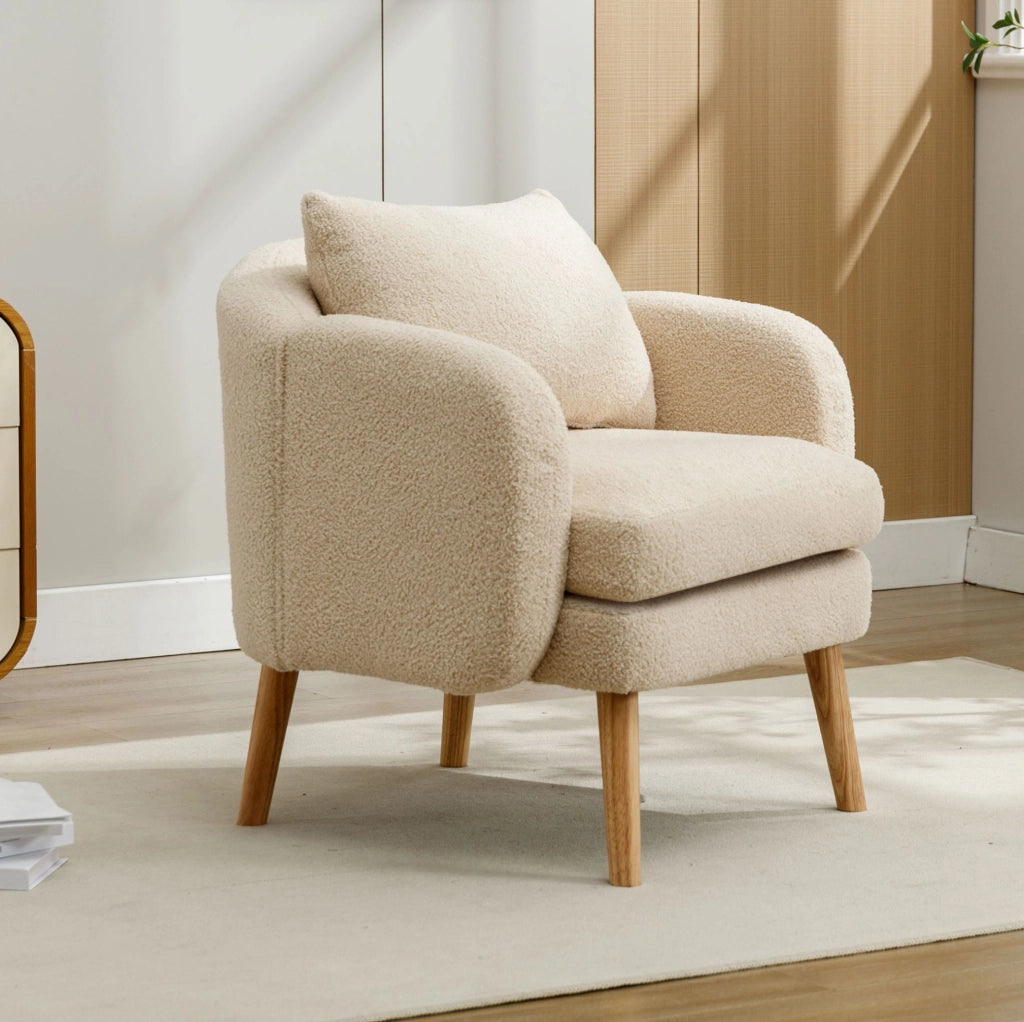 Poltrona imbottita in tessuto Teddy beige con cuscino schienale; 71x72x71 cm
