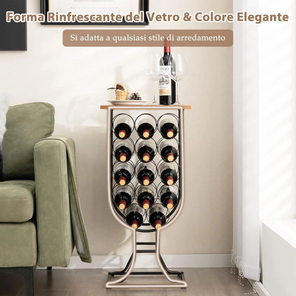 Portabottiglie per Vino con Ruote Staccabili e Bloccabili, Cantinetta Vino Stile Rustico per 14 Bottiglie, con Piano in Legno e Struttura in Metallo, Mobile Bar per Soggiorno e Cucina