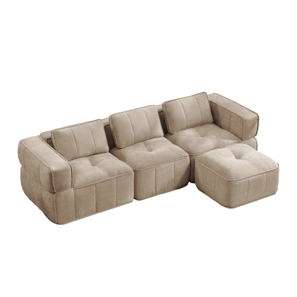 Divano modulare angolare senza struttura a 3 posti con pouf in poliestere sabbia per soggiorno 271 × 162 × 67 cm