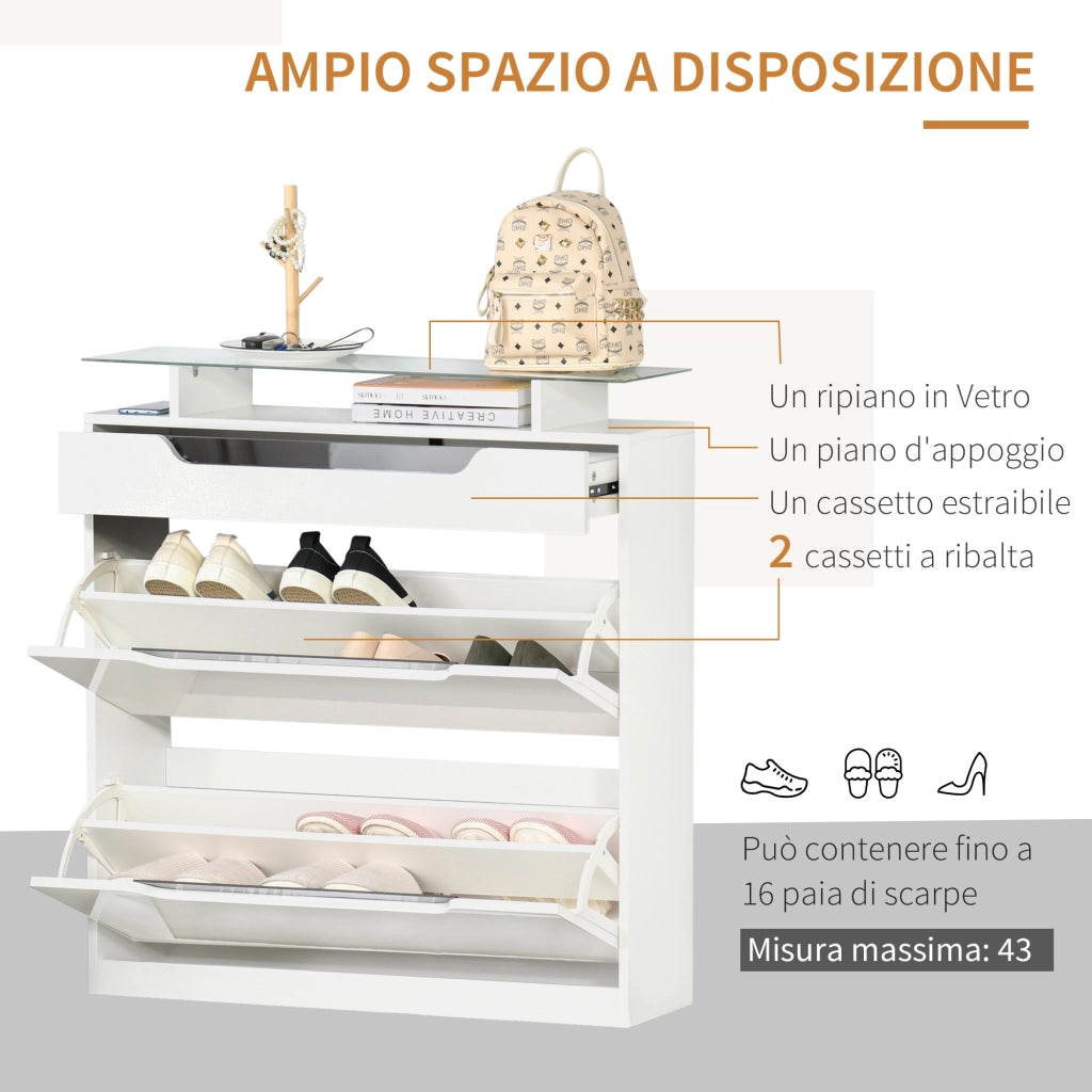 EasyComfort Scarpiera Moderna con 2 Cassetti per 16 Scarpe, Scarpiera a Ribalta con Mensola Regolabile e Ripiano in Vetro, 89x23x96cm, Bianco Lucido