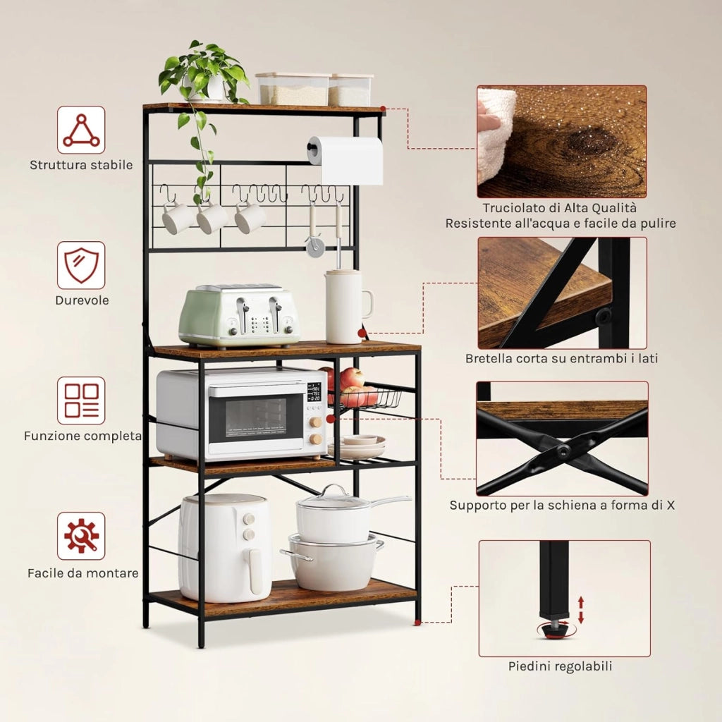 Scaffale da Cucina a 4 Livelli, Scaffale per Microonde con 10 Ganci, Cestino Estraibile, Supporto per Rotolo da Cucina, Struttura in Metallo, 80x40x168cm, Marrone Rustico+Nero