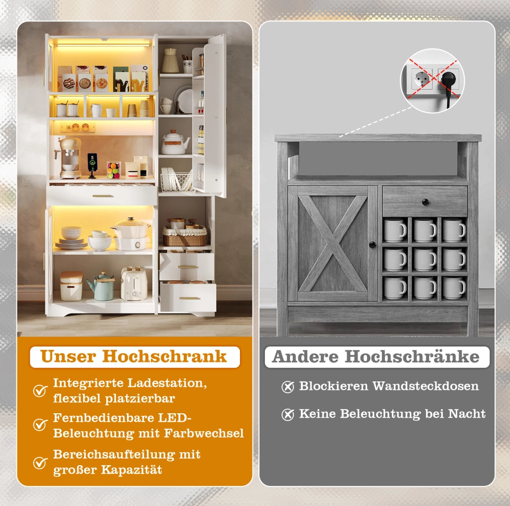 Credenza alta con LED e prese, 105x40x185 cm, bianca