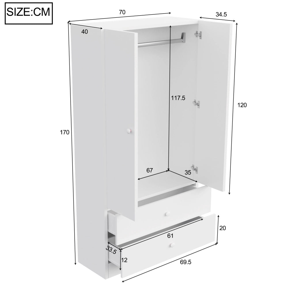 Armadio singolo con due cassetti 70x40x170 cm in MDF bianco