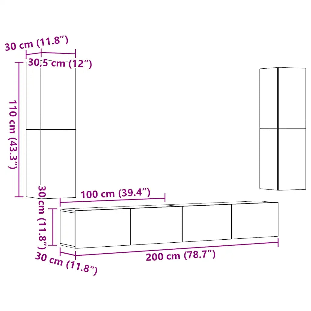 vidaXL Mobili TV a Parete 4 pz Legno Antico in Legno Multistrato