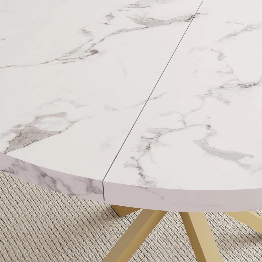 GrandCA HOME Tavolo da Pranzo Rotondo con Piano Moderno Effetto Marmo, Tavolo da Pranzo da Cucina con Quattro Gambe in Metallo, per Sala da Pranzo, Bianco+GDL