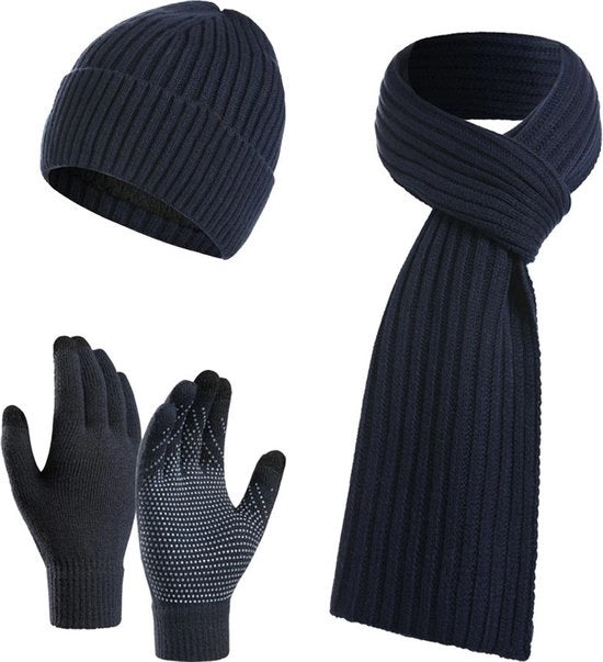 Set invernale unisex a 3 pezzi con cappello, sciarpa, guanti touchscreen imbottiti, calore invernale intensificato per campeggio, escursioni, bicicletta, sci - blu marino - 38*28*4