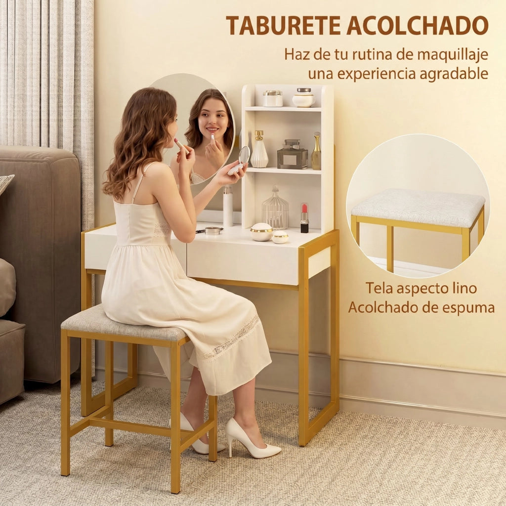 Cassettiera Trucco con Specchio e Sgabello ¨C Zephmum ¨C Bianco 40x35x150 cm