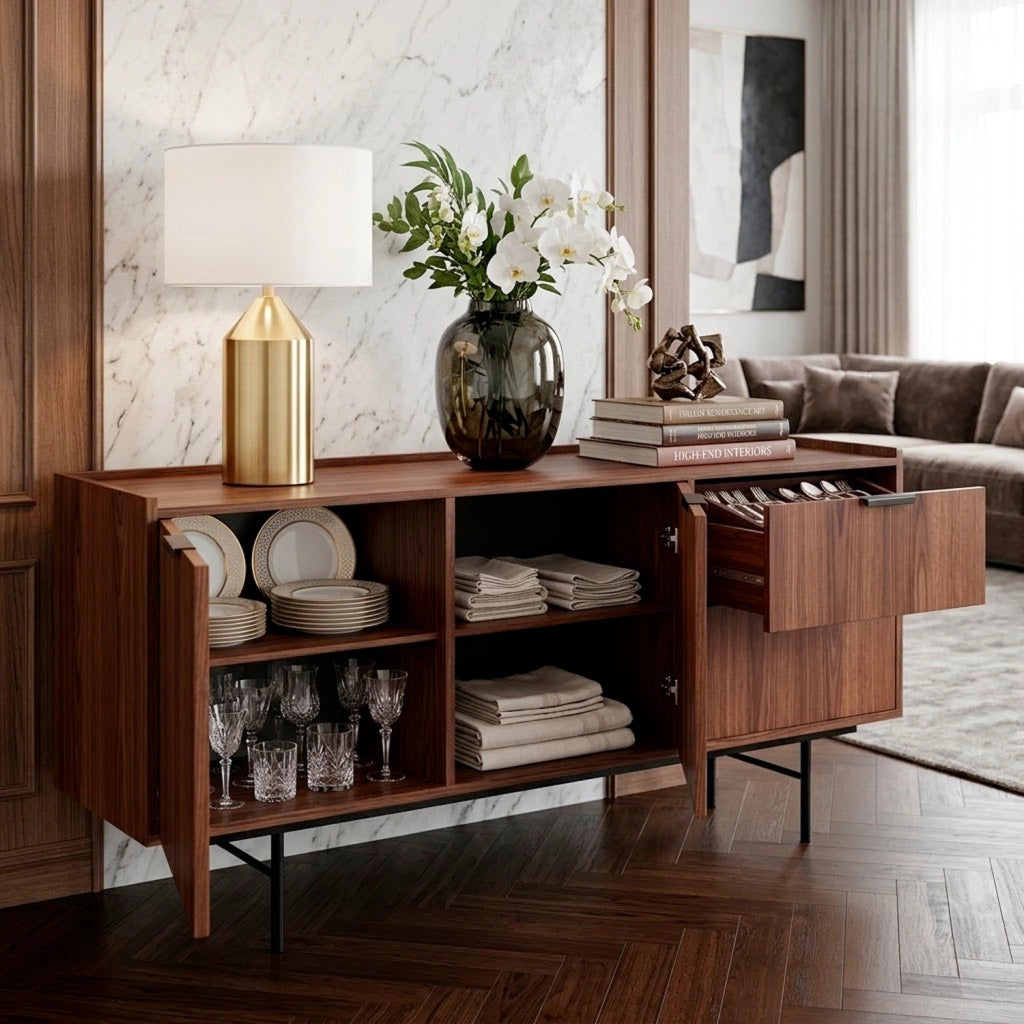 Credenza Design Moderno Con 2 Ante 2 Cassetti Ripiani Interni Gambe In Metallo E Struttura In Melaminico Per Soggiorno Sala Da Pranzo Ingresso Ampio Spazio Contenitivo 150 X 40 X 68 Cm Noce