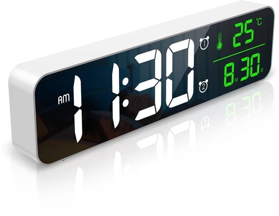 Orologio Digitale LED da Parete, 10,5 Pollici Orologio da Parete LED con Data/Temperatura, ℃/℉, Memoria dell'Ora, 2 Allarmi, Suono/Volumi/5 Impostazioni di Brillantezza, 1,5m Cavo USB (Senza Adattatore) Bianco