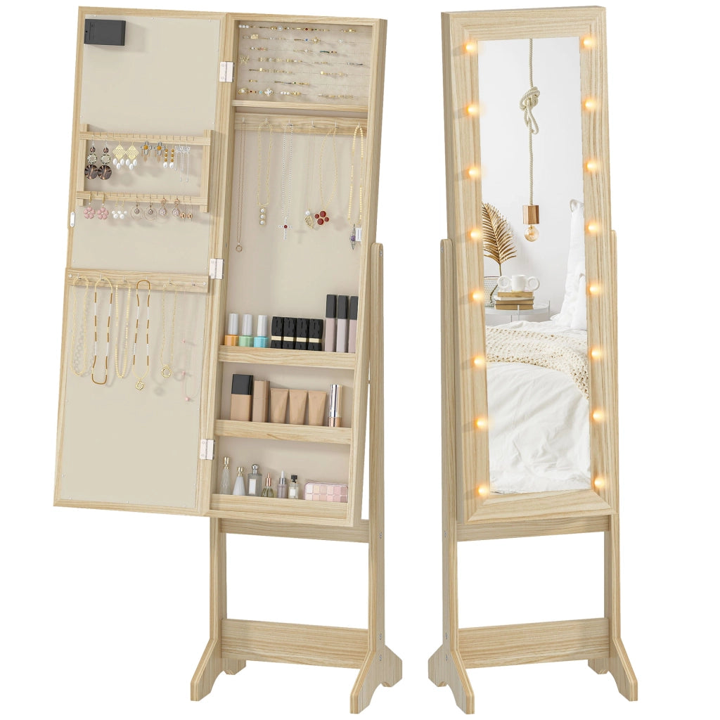 Armadio Joyero con Specchio e Luci LED ¨C zephmum ¨C Legno Naturale, Bianco, 90x51x