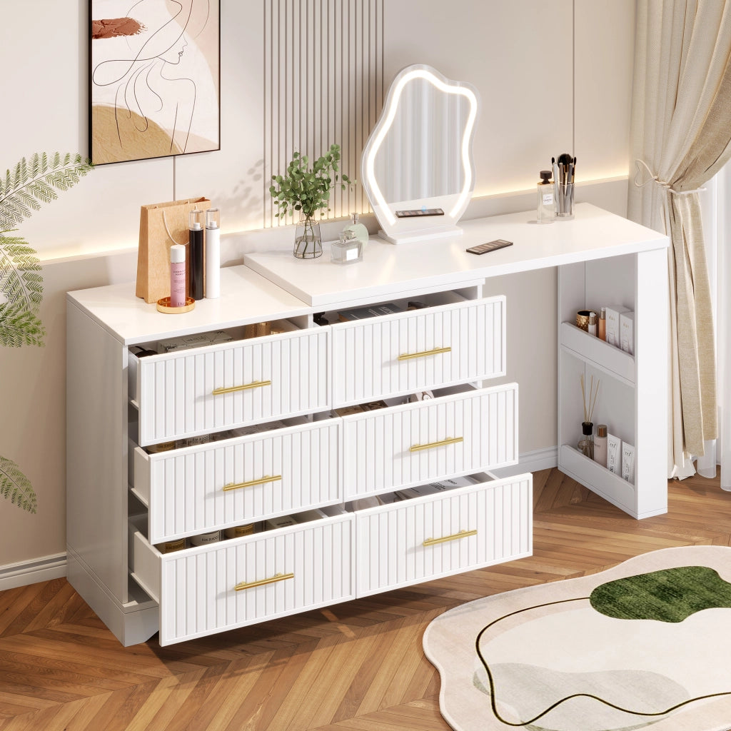 Toeletta girevole con specchio LED, design a L, bianco e oro, 110¡Á40¡Á129 cm