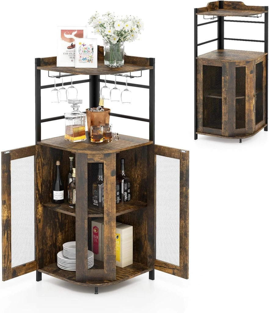 Cantinetta Portabottiglie in Legno, Mobiletto Bar con Porta Bicchieri in Vetro, Porte in Metallo e Ripiano Regolabile, Angolo Bar per Soggiorno, Sala da Pranzo, 48x48x130cm (Marrone)