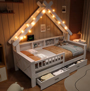 Letto a casetta per bambini 90x200 cm con LED; ripiani; 2 cassetti e sponde; bianco