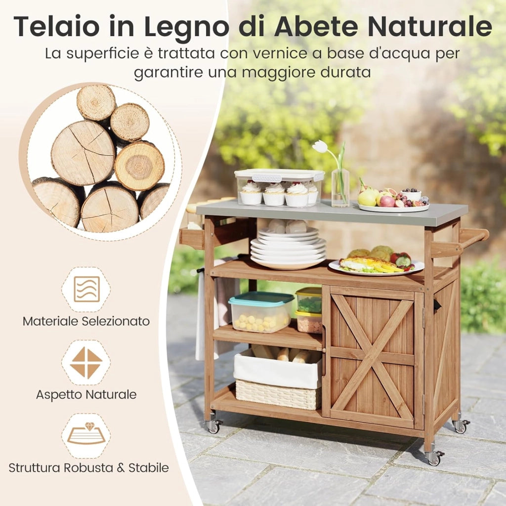 Carrello Barbecue in Legno, con Spazio di Conservazione, Isola da Cucina Esterna con Piano in Acciaio Inox, 3 Ripiani Aperti e Mobile, Porta Spezie, Porta Asciugamani, 118 x 47 x 92 cm