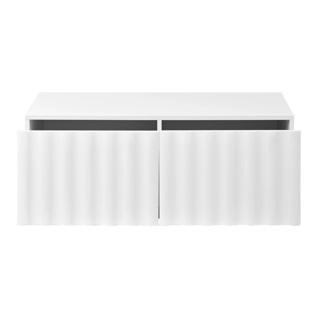 Tavolino basso fisso con due cassetti e fronte a onde in MDF e pannello truciolare bianco 100 × 50 × 40 cm