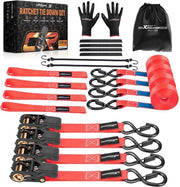 4 x Cinture di sicurezza per moto 997kg, 4,5 m, con ganci, EN 12195-2, protezione dell'equipaggiamento durante il trasporto, cintura di sicurezza per moto 25 mm, tasca di stoccaggio extra e 2 cinghie elastiche - rosso