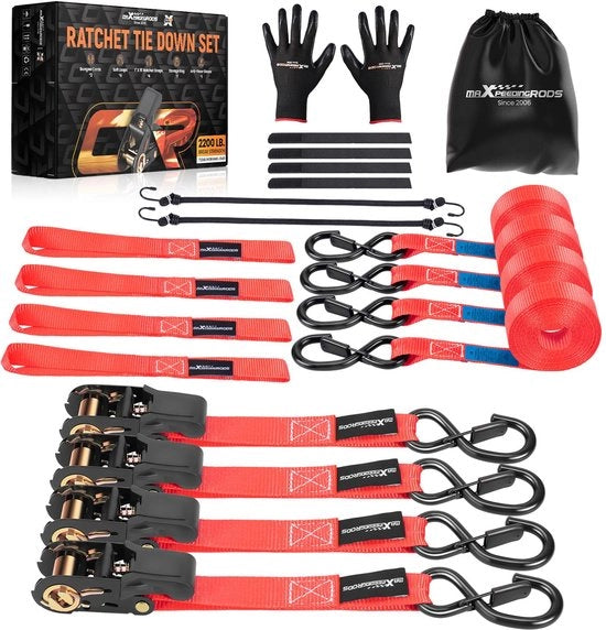 4 x Cinture di sicurezza per moto 997kg, 4,5 m, con ganci, EN 12195-2, protezione dell'equipaggiamento durante il trasporto, cintura di sicurezza per moto 25 mm, tasca di stoccaggio extra e 2 cinghie elastiche - rosso