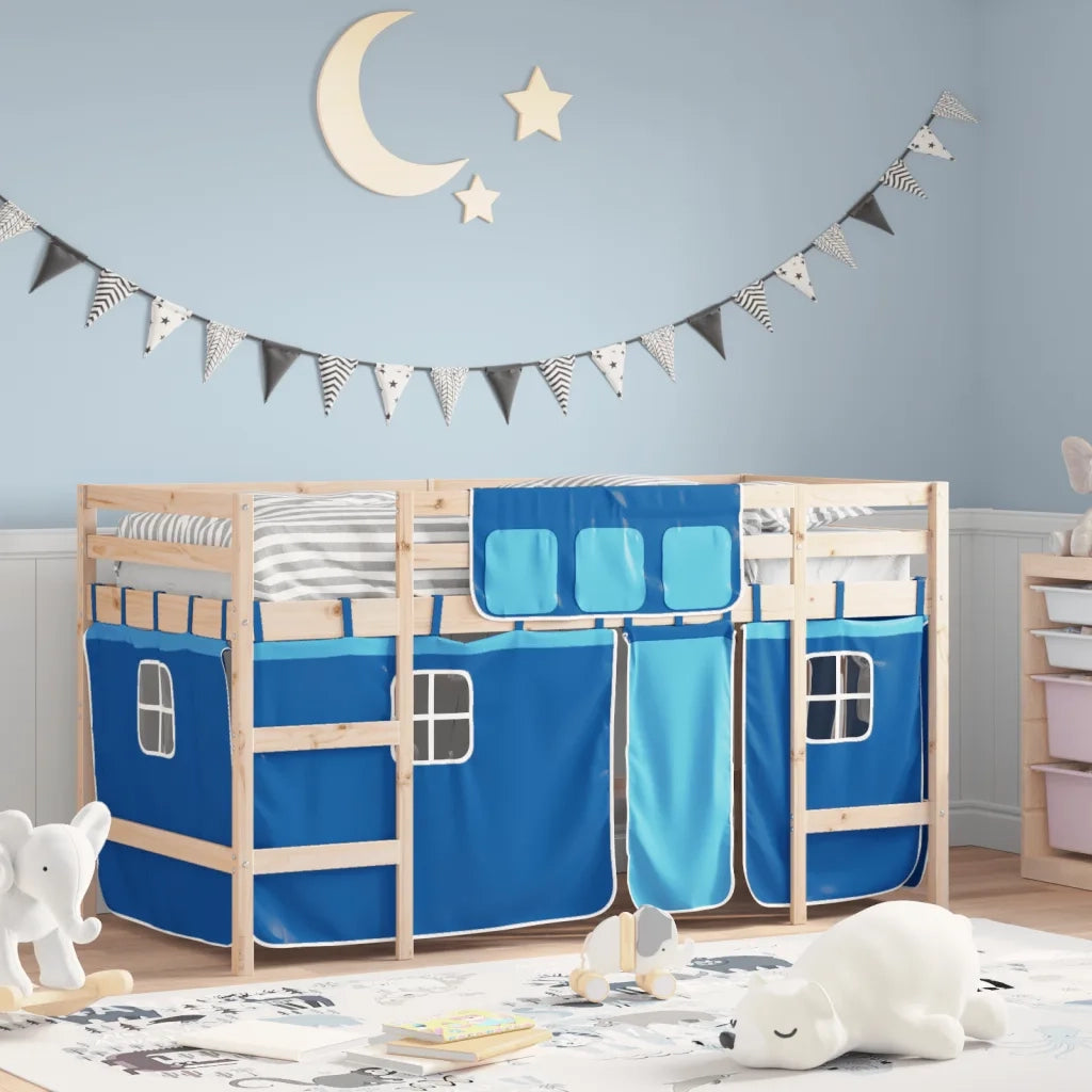 Letto a Soppalco Bambini | Letto Infantile | Lettino con Tende Blu 90x190 cm Massello Pino