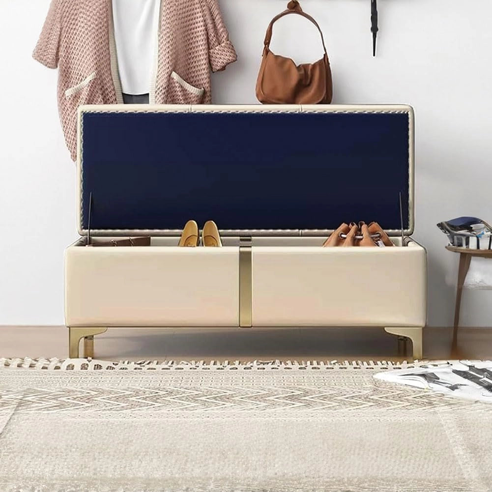 Cassapanca Contenitore Beige in Ecopelle con Piedini in Metallo Oro Panca Pouf