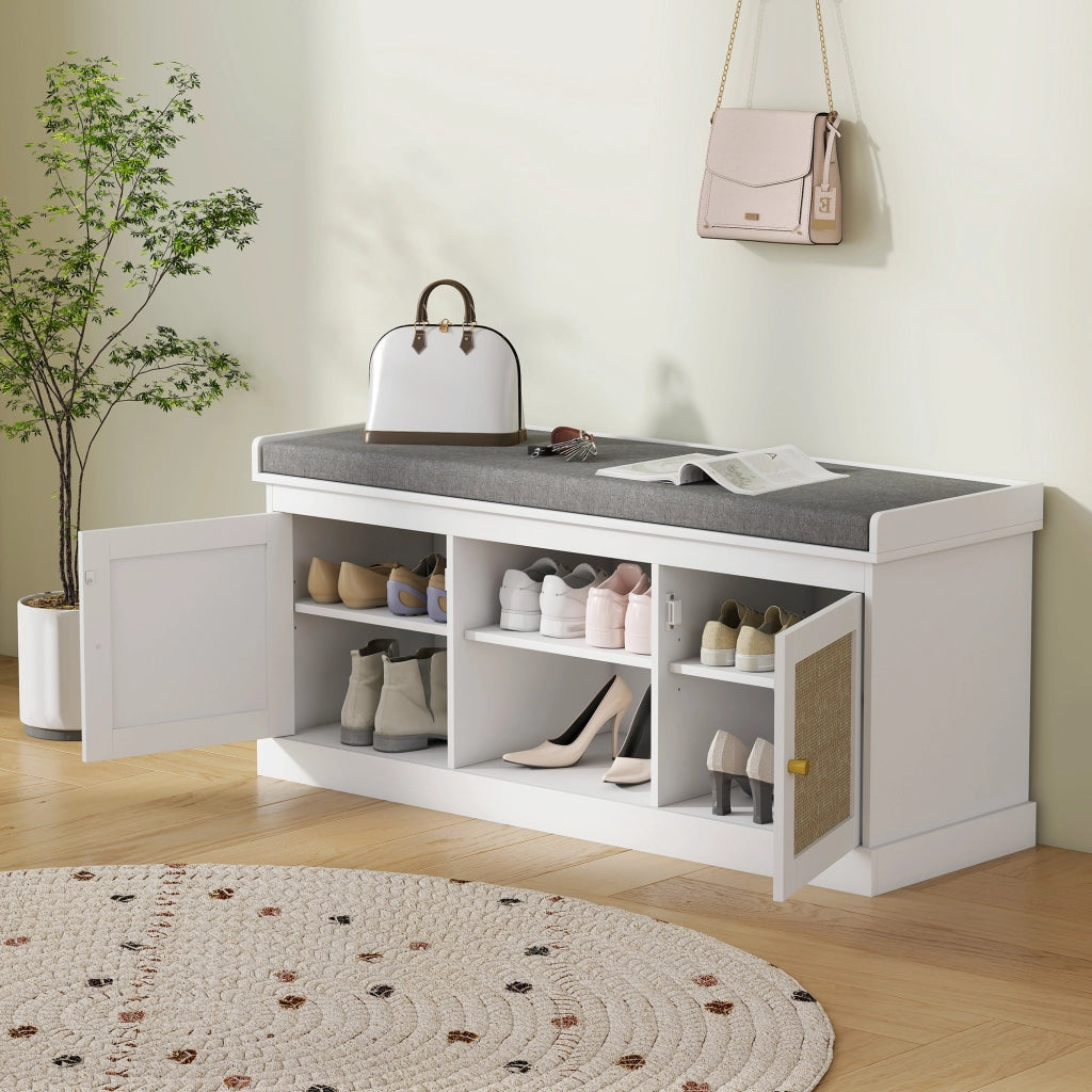 Cassettiera con ante in rattan e ripiani regolabili ¨C zephmum ¨C 105x35x47 cm bianco
