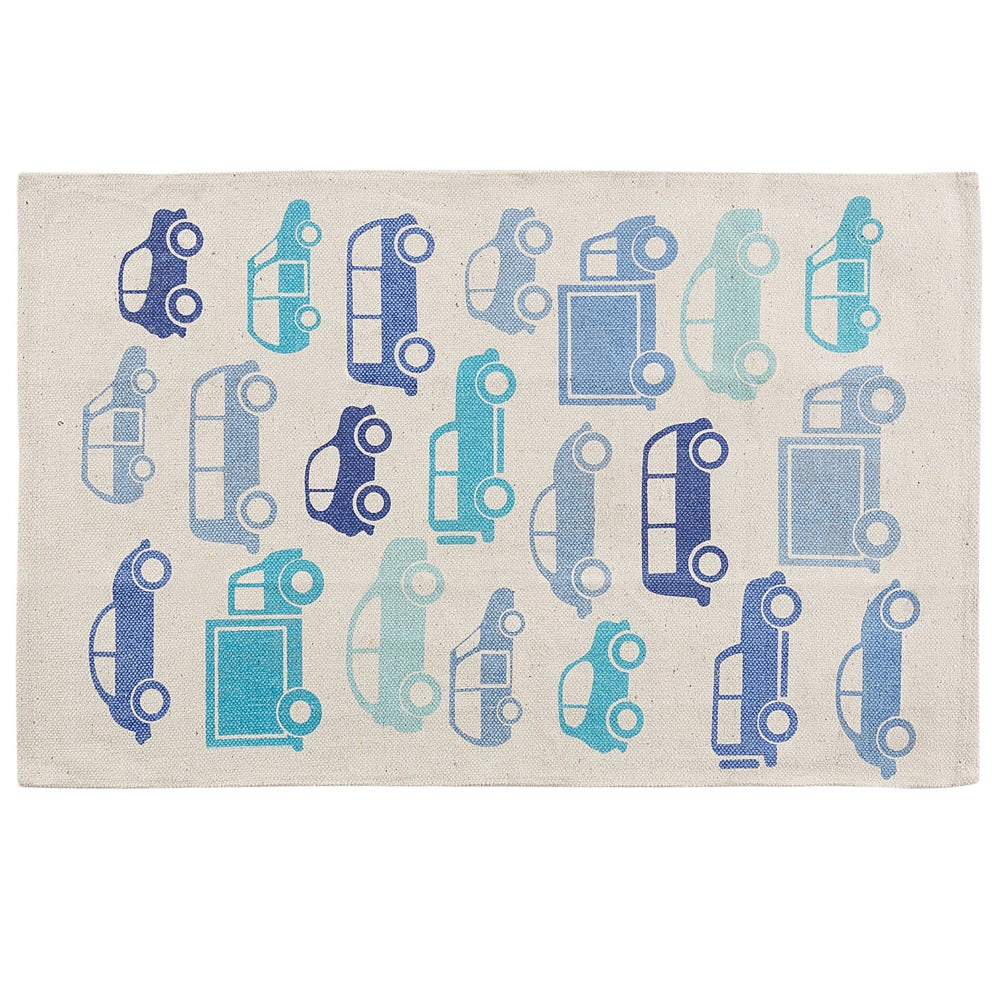Tappeto per bambini Tessuto di cotone blu e bianco 60 x 90 cm Decorazioni per camerette rettangolari con motivo auto