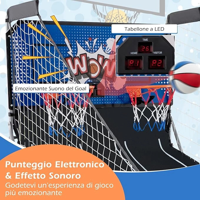 Macchina da Pallacanestro Elettronica, Canestro Basket da Camera a Doppio Tiro Pieghevole con Punteggio Elettronico, 4 Palle, 8 Modalità di Gioco e 2 Canestri (Blu 2)