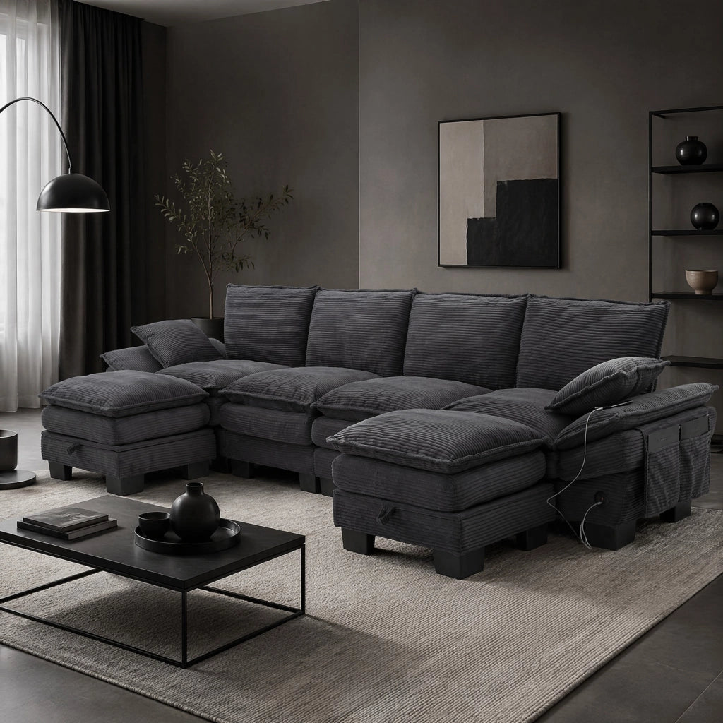 DIVANO modulare 4 posti con 2 pouf 330x132x84 cm velluto a coste grigio scuro