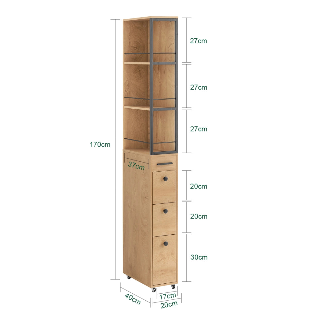 SoBuy Carrello Salvaspazio con Cassetti e Ruote, Mobiletto Multiuso per Cucina, Bagno e Lavanderia Naturale 20x40x170 cm NSR13-N