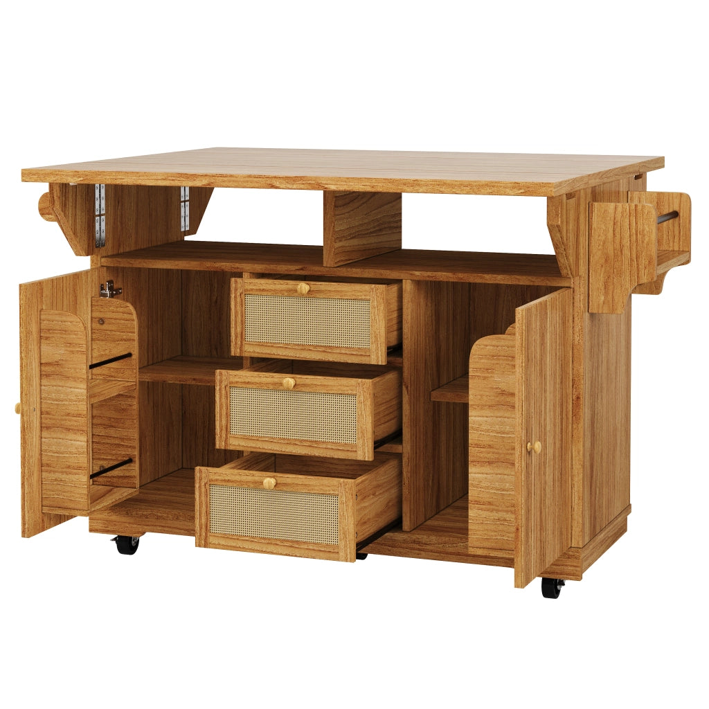 Carrello da cucina con 2 prolunghe ribaltabili; vani nascosti; cassetti in rattan PE; per cucina e balcone; 142.5 × 80 × 95 cm