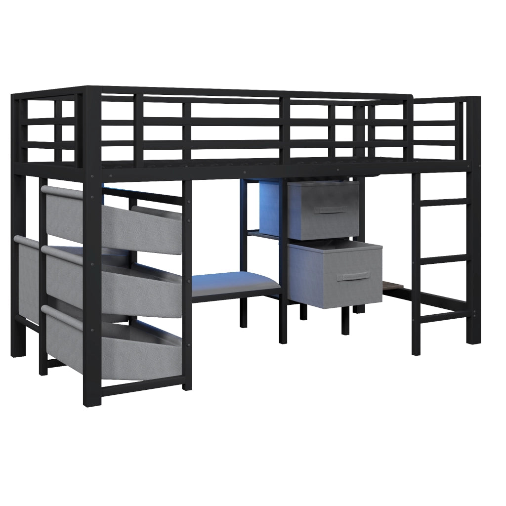 Letto a Soppalco con Contenitore ¨C MINIMAL ¨C Tessuto, LED, Metallo, Nero, 90x200