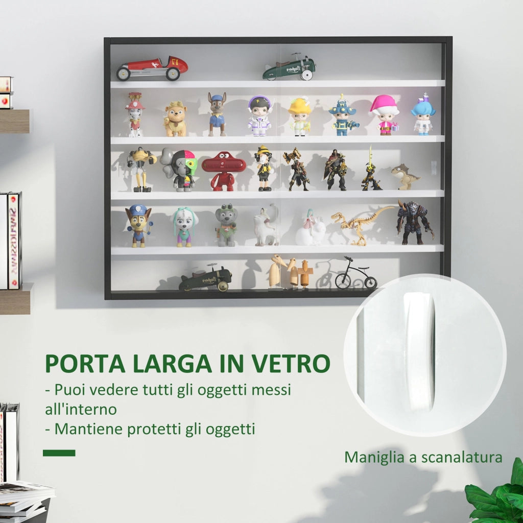 Pensile Bacheca Portaoggetti 80x9,5x60 cm con Ante Scorrevoli in Vetro Nera e Bianca