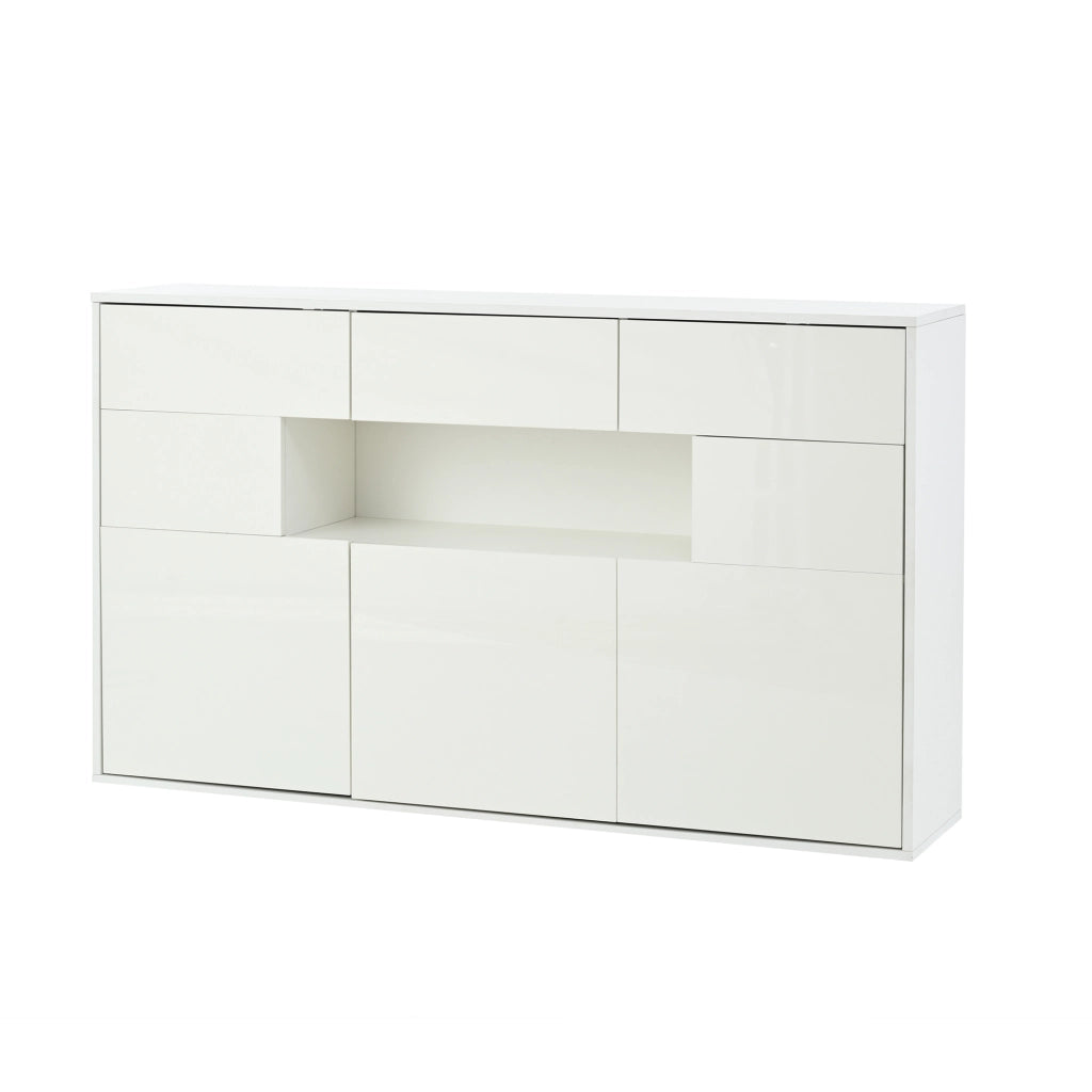 Credenza soggiorno 140 x 30 x 82 cm con 3 cassetti, 5 vani e luce LED, bianco lucido