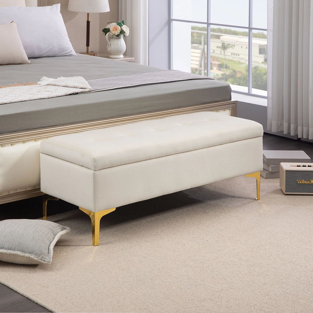 Panca contenitore imbottita con vano nascosto e gambe in metallo dorato, in poliestere beige 120 × 44 × 44,5 cm