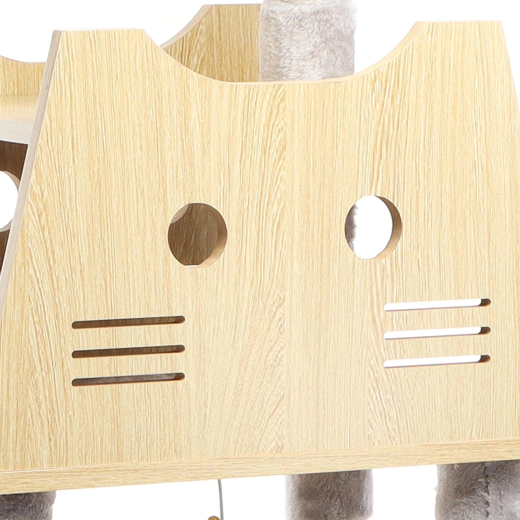 Fudajo Albero tiragraffi Legno grigio 126cm Con casetta per gatti, nicchia, colonne in sisal, cuccia