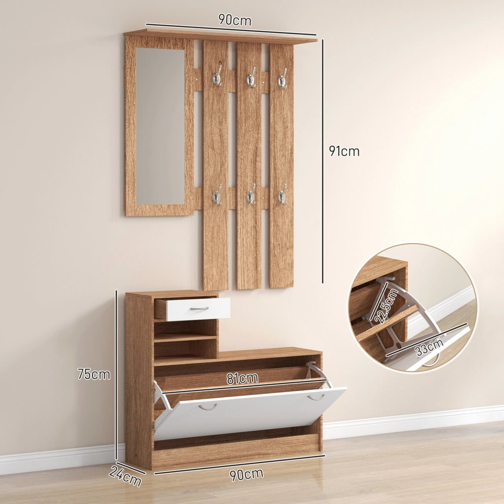 Mobile Appendiabiti 3 in 1 con Scarpiera e Specchio, Ganci e Cassetti, in Legno, 90x24x177 cm, Bianco e Noce