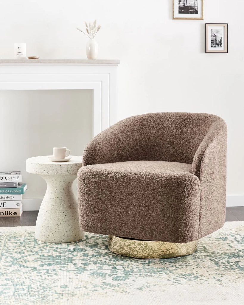 Poltrona in tessuto bouclè marrone con base Girevole stile retrò glamour