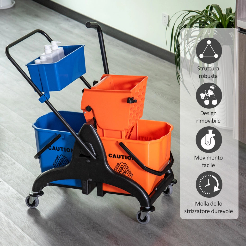 Carrello Pulizia Professionale 26L con 2 Secchi ¨C zephmum ¨C Arancio e Blu, Plastica e Metallo, 78x45x95 cm