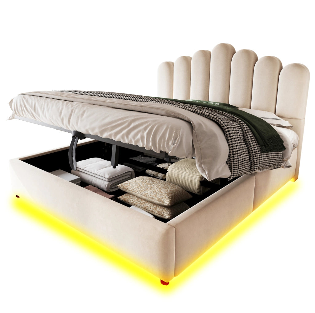 Letto imbottito 140x200 cm con contenitore idraulico; LED e testiera unica in velluto beige