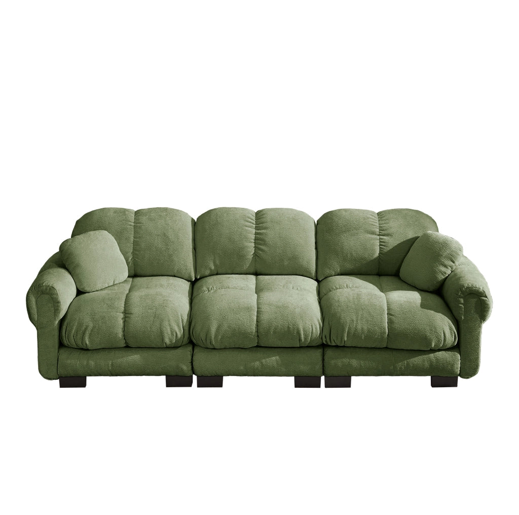 Divano a 3 posti verde in tessuto Chenille con cuscini decorativi, design trapuntato e schienale ergonomico