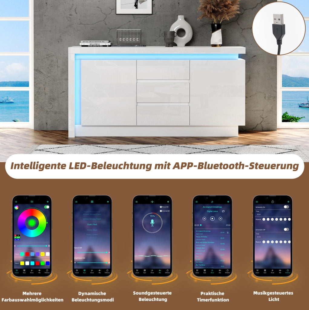 Credenza bianca lucida 140x35x72 cm con LED e 3 cassetti