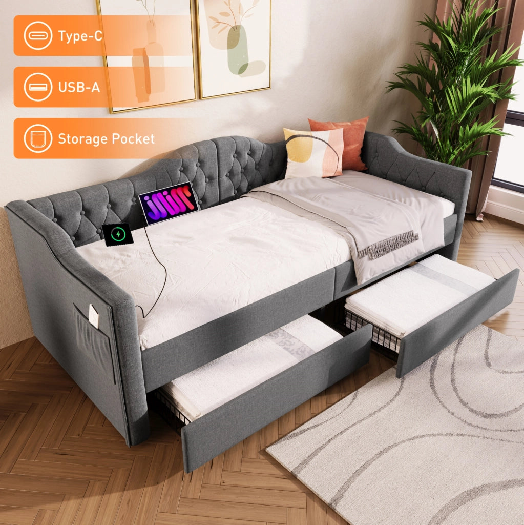 Letto giorno 90x190 cm in lino grigio con USB e Type-C; 2 cassetti e tasche laterali